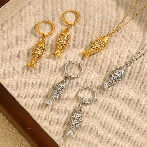 Wholesale Women's High End Creative Necklace And Earrings Set With Stainless Steel And Titanium Steel 18K Gold Plated Koi Pendant Animal Pattern Electroplated