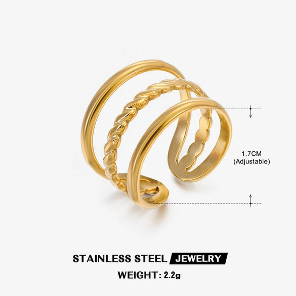 Wholesale Women's High Grade Stainless Steel Opening Adjustable Ring With Geometric Design 18K Gold Plated