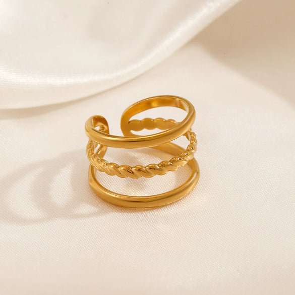 Wholesale Women's High Grade Stainless Steel Opening Adjustable Ring With Geometric Design 18K Gold Plated