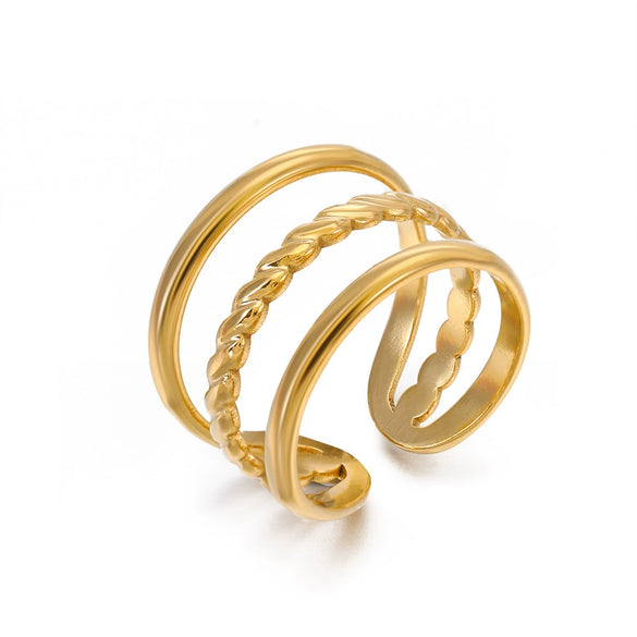 Wholesale Women's High Grade Stainless Steel Opening Adjustable Ring With Geometric Design 18K Gold Plated