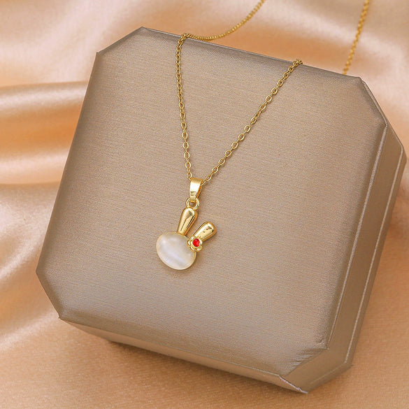Wholesale Women's High Sense Jewelry Rabbit Pendant Necklace With Cat's Eye Stone Copper Pendant And Titanium Steel Ochain Animals Zodiac Design