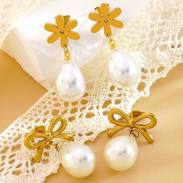 Wholesale Women's Highend Geometric Bow Flower Pearl Stainless Steel Electroplated Earrings Jewelry