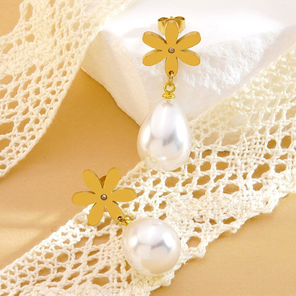 Wholesale Women's Highend Geometric Bow Flower Pearl Stainless Steel Electroplated Earrings Jewelry
