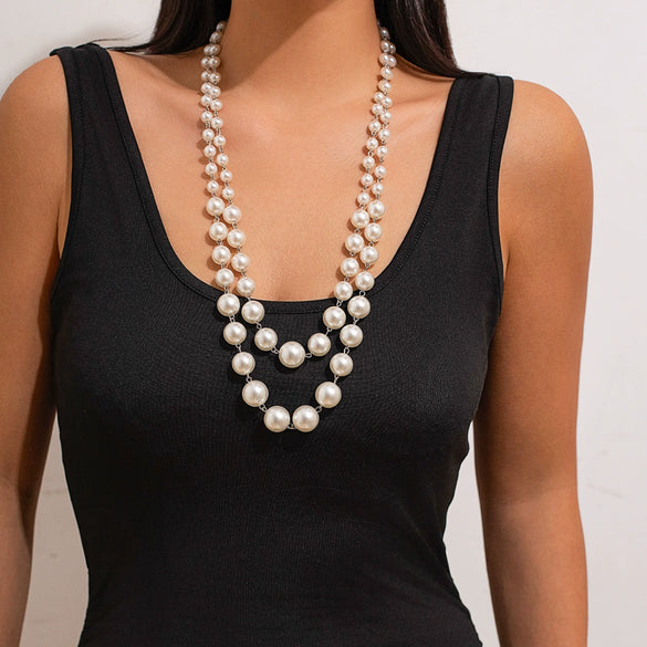 Wholesale Women's Highend Geometric Imitation Pearl Multilayer Stacked Necklace With Electroplating