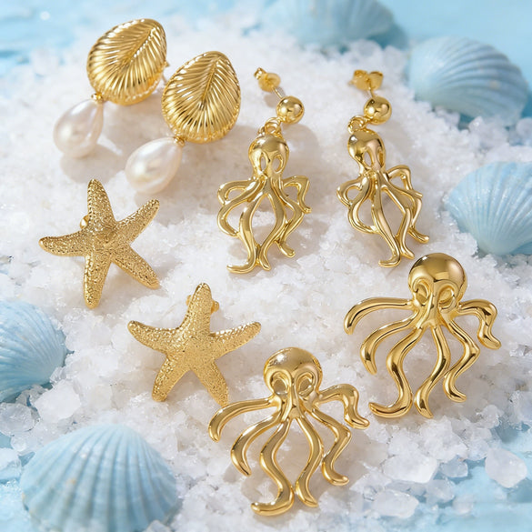 Wholesale Women's Highend Geometric Stamped Stainless Steel Starfish Shell Pearl Jellyfish Earrings