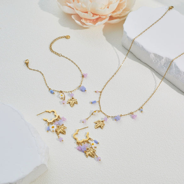 Wholesale Women's Highend Jewelry Set Stainless Steel 18K Gold Electroplated Floral Heart Drop Bell Pendant Necklace Bracelet Earrings