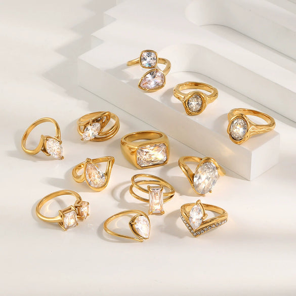Wholesale Women's Highend Luxury Stainless Steel 18K Goldplated Geometric Teardrop Marquise Ring With Horse Eye Pattern