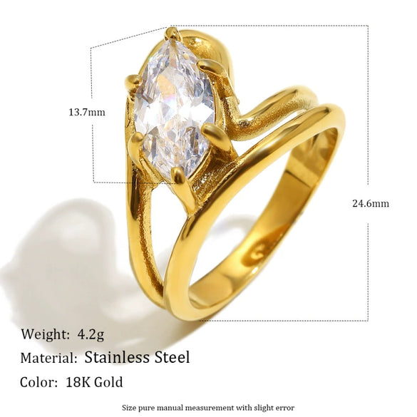 Wholesale Women's Highend Luxury Stainless Steel 18K Goldplated Geometric Teardrop Marquise Ring With Horse Eye Pattern