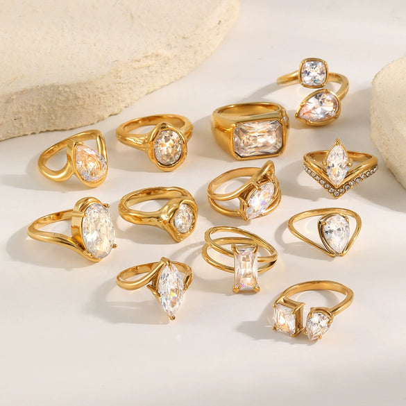 Wholesale Women's Highend Luxury Stainless Steel 18K Goldplated Geometric Teardrop Marquise Ring With Horse Eye Pattern