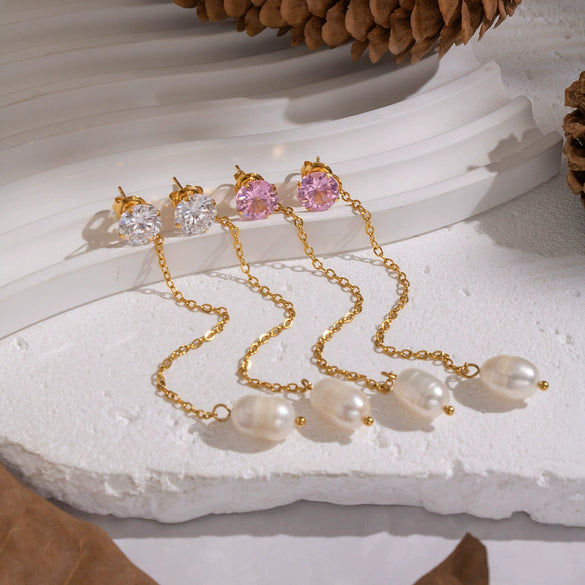 Wholesale Women's Highend Minimalist Geometric Stainless Steel Vacuum Real Gold Plated Freshwater Pearl Pendant Zircon Earrings