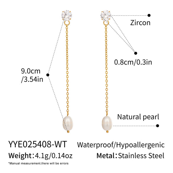 Wholesale Women's Highend Minimalist Geometric Stainless Steel Vacuum Real Gold Plated Freshwater Pearl Pendant Zircon Earrings