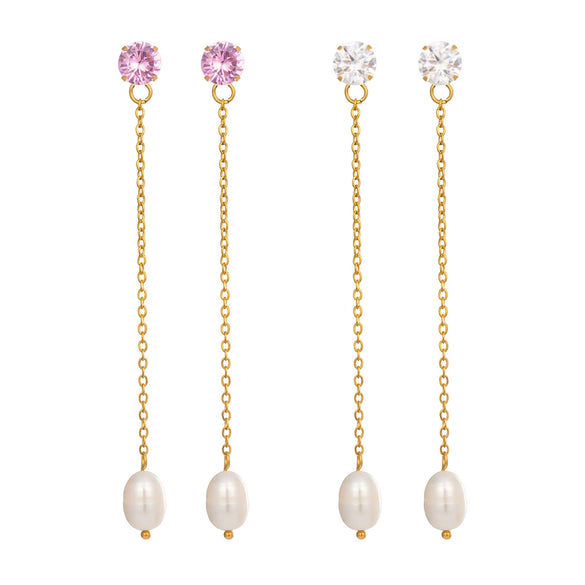 Wholesale Women's Highend Minimalist Geometric Stainless Steel Vacuum Real Gold Plated Freshwater Pearl Pendant Zircon Earrings