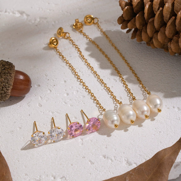 Wholesale Women's Highend Minimalist Geometric Stainless Steel Vacuum Real Gold Plated Freshwater Pearl Pendant Zircon Earrings