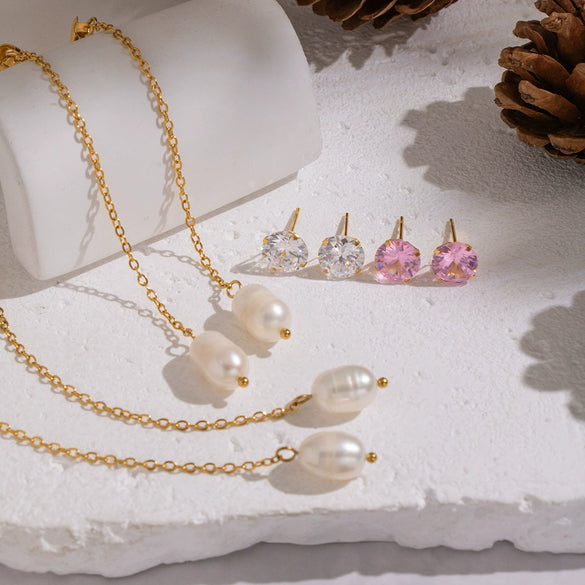 Wholesale Women's Highend Minimalist Geometric Stainless Steel Vacuum Real Gold Plated Freshwater Pearl Pendant Zircon Earrings