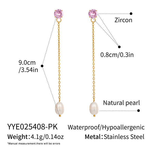 Wholesale Women's Highend Minimalist Geometric Stainless Steel Vacuum Real Gold Plated Freshwater Pearl Pendant Zircon Earrings