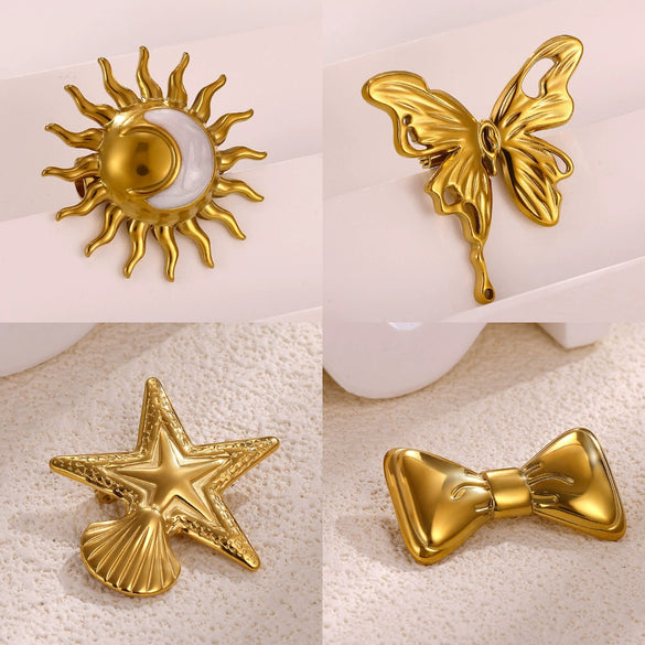 Wholesale Women's Highend Retro Elegant Bow Tie Starfish Stainless Steel Brooch Inlaid With Gold Accessories
