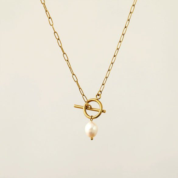 Wholesale Women's Hip Hop Stainless Steel Baroque Pearl Pendant Necklace With Geometric Pattern And Gold Plated Bamboo Chain