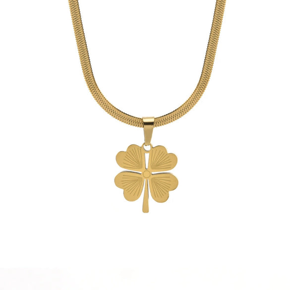 Wholesale Women's Hip Hop Stainless Steel Flat Snake Bone Chain With Hollow Love Clover Pattern Necklace