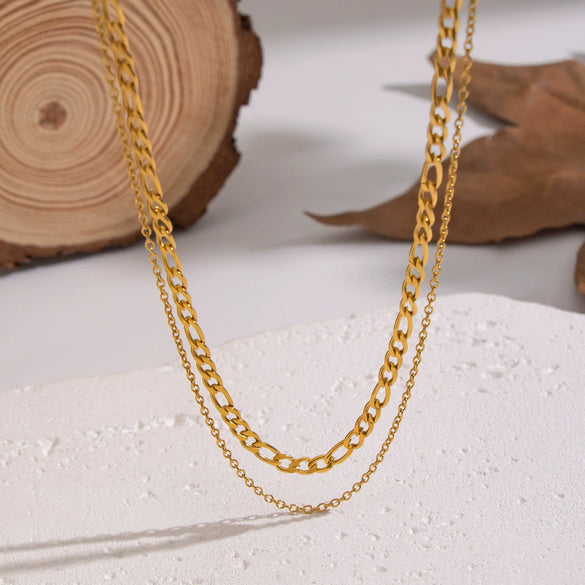Wholesale Women's Hiphop Punk Casual Doublelayer Geometric Chain Necklace Stainless Steel 18K Real Gold Plated By Pvd Furnace Vacuum