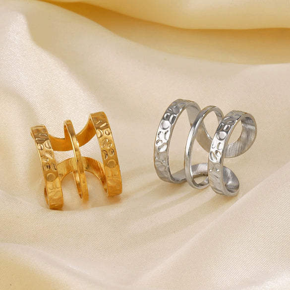 Wholesale Women's Hiphop Style Stainless Steel 3Layer Line Open Ring 18K Gold Plated