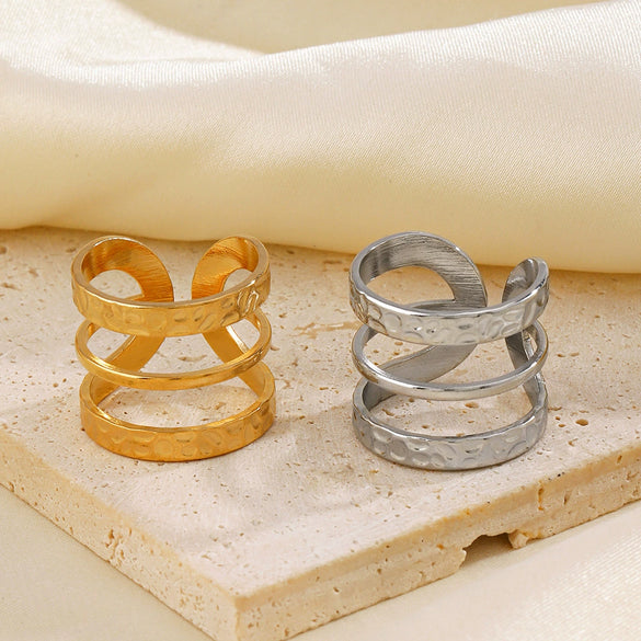 Wholesale Women's Hiphop Style Stainless Steel 3Layer Line Open Ring 18K Gold Plated