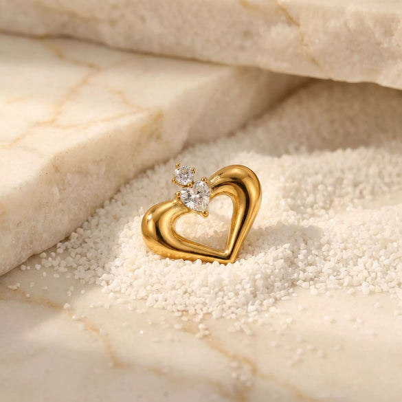 Wholesale Women's Hollow Heartshaped Double Zirconia Stud Earrings With 18K Gold Texture Stainless Steel Electroplated Niche Style