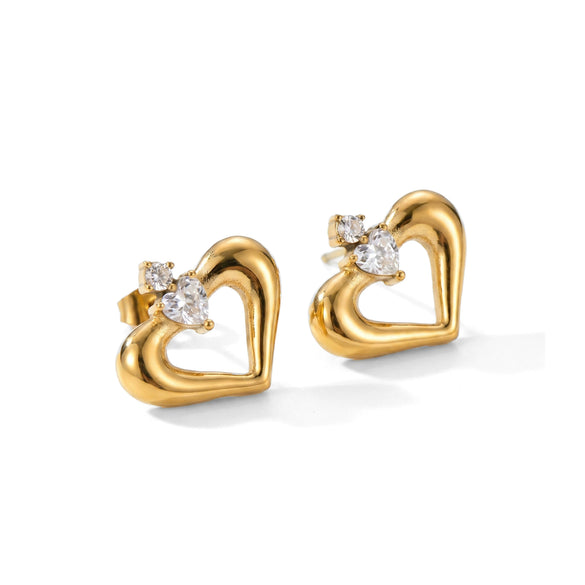 Wholesale Women's Hollow Heartshaped Double Zirconia Stud Earrings With 18K Gold Texture Stainless Steel Electroplated Niche Style