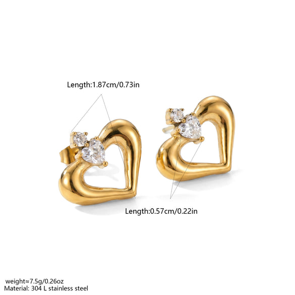 Wholesale Women's Hollow Heartshaped Double Zirconia Stud Earrings With 18K Gold Texture Stainless Steel Electroplated Niche Style