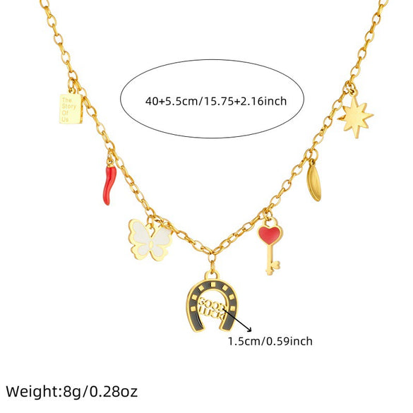 Wholesale Women's Hollow Round Stainless Steel Sweater Chain With Elephant And Goldfish Pendant Electroplated Cartoon Animal Style