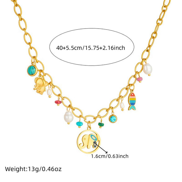 Wholesale Women's Hollow Round Stainless Steel Sweater Chain With Elephant And Goldfish Pendant Electroplated Cartoon Animal Style