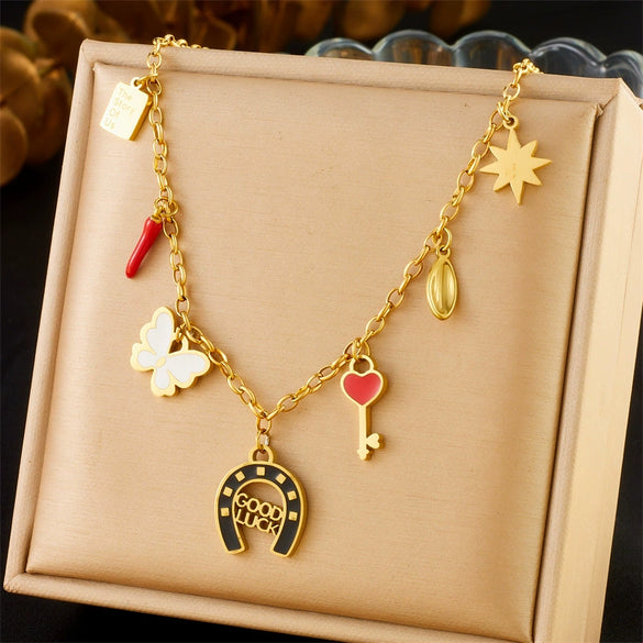 Wholesale Women's Hollow Round Stainless Steel Sweater Chain With Elephant And Goldfish Pendant Electroplated Cartoon Animal Style