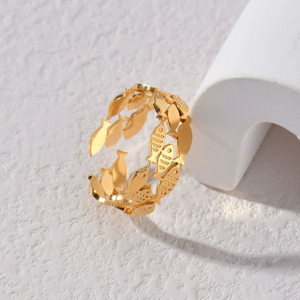 Wholesale Women's Hollow Three Layer Fish Geometric Stainless Steel Ring With 18K Gold Electroplating