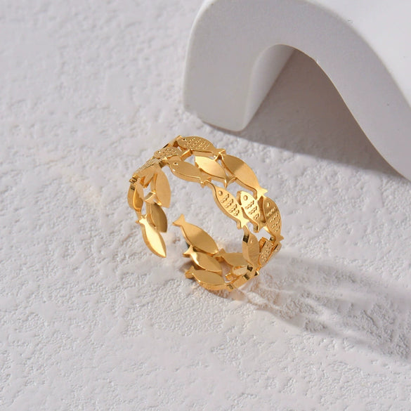 Wholesale Women's Hollow Three Layer Fish Geometric Stainless Steel Ring With 18K Gold Electroplating