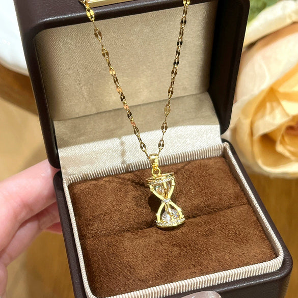 Wholesale Women's Hourglass Patterned Titanium Steel And Copper Inlaid With Zircon Necklace With Oshaped Chain Light Luxury Design