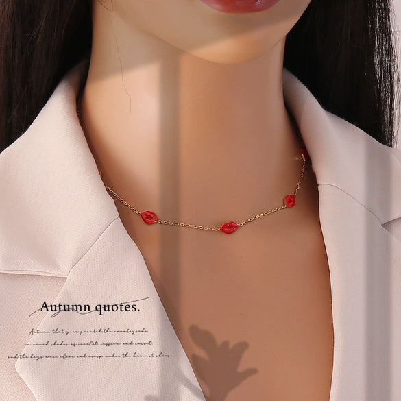 Wholesale Women's Ice Cute Red Lips Love Heart Shape Titanium Steel Necklace Set With Vacuum Plating In Furnace For Accessories