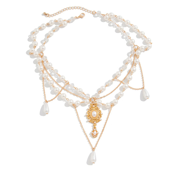 Wholesale Women's Imitation Pearl Tassel Necklace With Alloy Pendant Drop Shape Electroplated Metal Hollow Design