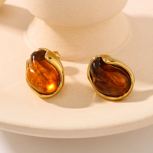 Wholesale Women's Inlaid Resin Earrings Round Asymmetric Shape Stainless Steel 18K Gold Plated With 18K Vacuum Plating In Furnace Geometric Style