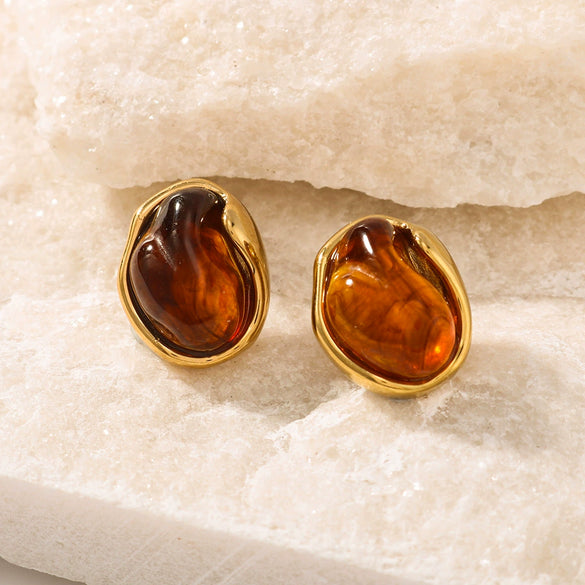 Wholesale Women's Inlaid Resin Earrings Round Asymmetric Shape Stainless Steel 18K Gold Plated With 18K Vacuum Plating In Furnace Geometric Style