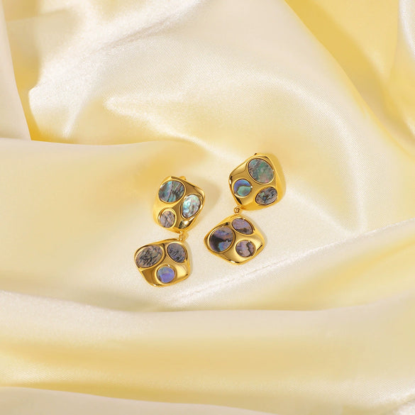 Wholesale Women's Ins Simple Design Stainless Steel Irregular Inlay Natural Black Shell Geometric 18K Gold Plated Earrings