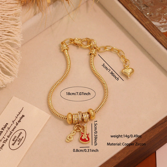 Wholesale Women's Ins Style Diy Bracelet With Medicine Box And Guitar Pendants Real Gold Plated On Copper