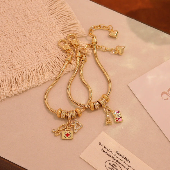 Wholesale Women's Ins Style Diy Bracelet With Medicine Box And Guitar Pendants Real Gold Plated On Copper
