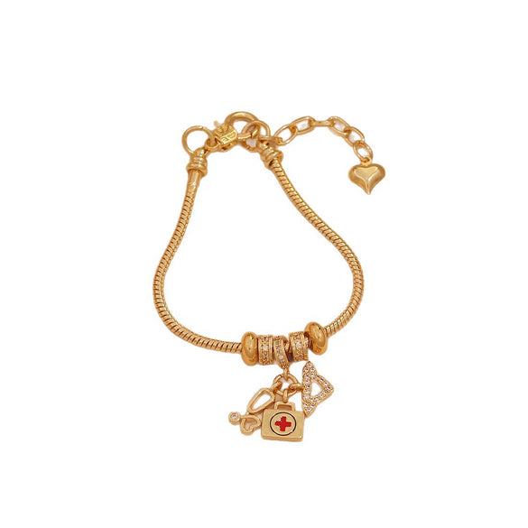 Wholesale Women's Ins Style Diy Bracelet With Medicine Box And Guitar Pendants Real Gold Plated On Copper