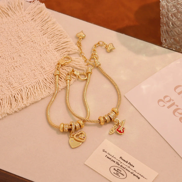 Wholesale Women's Ins Style Diy Bracelet With Medicine Box And Guitar Pendants Real Gold Plated On Copper
