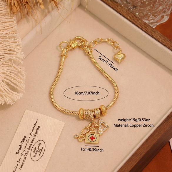Wholesale Women's Ins Style Diy Bracelet With Medicine Box And Guitar Pendants Real Gold Plated On Copper