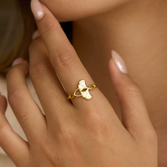 Wholesale Women's Ins Style Electroplated Stainless Steel Ginkgo Leaf Adjustable Open Ring Accessories