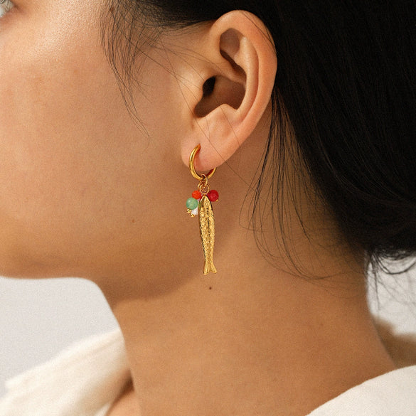 Wholesale Women's Ins Style Geometric And Animal Zodiac Stainless Steel Electroplated Earrings With Koi Pendant