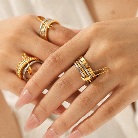 Wholesale Women's Ins Style Geometric Diamondencrusted Stainless Steel Stacking Rings