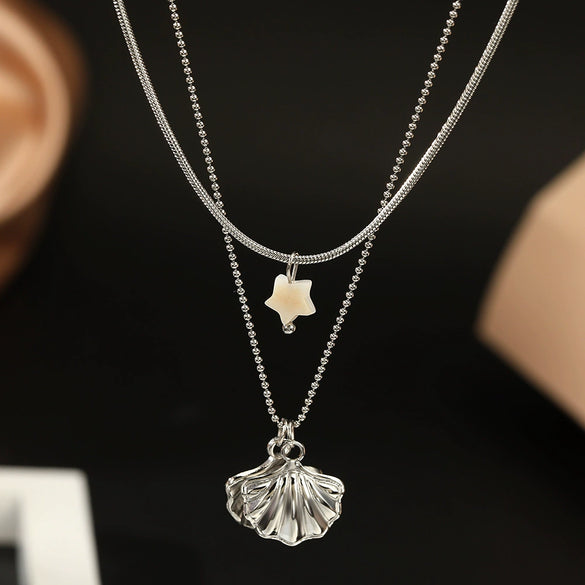 Wholesale Women's Ins Style Geometric Five Pointed Star Stainless Steel Electroplated Double Layer Pearl Shell Clavicle Necklace