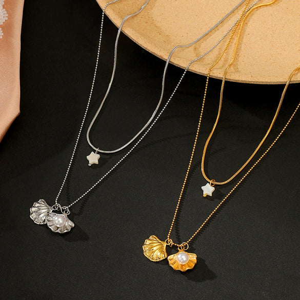 Wholesale Women's Ins Style Geometric Five Pointed Star Stainless Steel Electroplated Double Layer Pearl Shell Clavicle Necklace