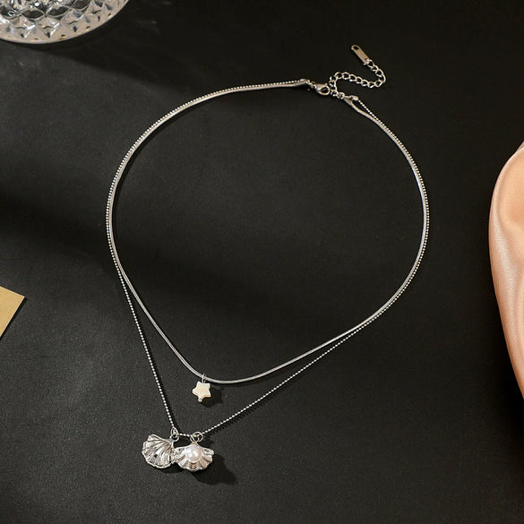 Wholesale Women's Ins Style Geometric Five Pointed Star Stainless Steel Electroplated Double Layer Pearl Shell Clavicle Necklace